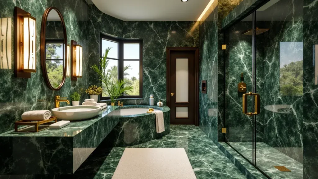 Custom spa bathroom with green marble surfaces, floating vanity, glass shower, and designer lighting