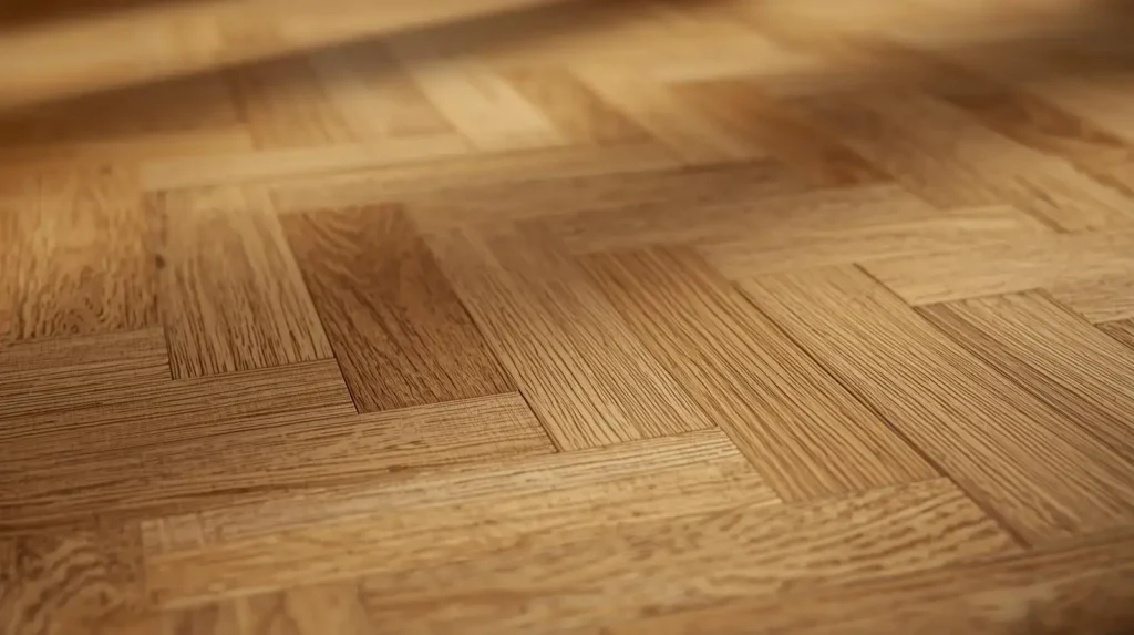 Herringbone-pattern wood flooring showcasing precision craftsmanship and rich texture