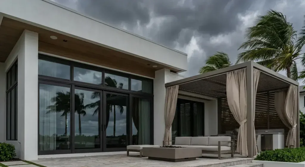 Hurricane impact doors and windows in a modern outdoor living area in South Florida with patio and covered lounge space.