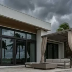 Hurricane impact doors and windows in a modern outdoor living area in South Florida with patio and covered lounge space.