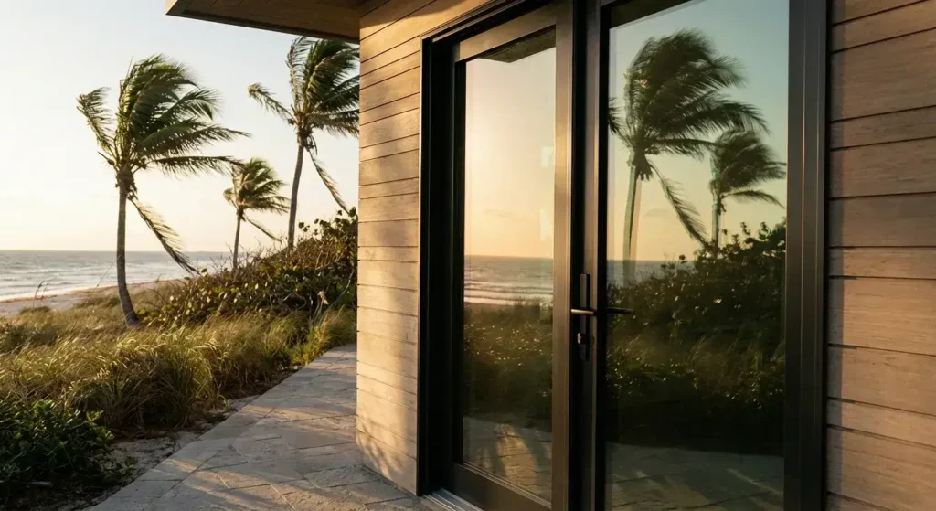 Impact door with beach view and palm trees in South Florida