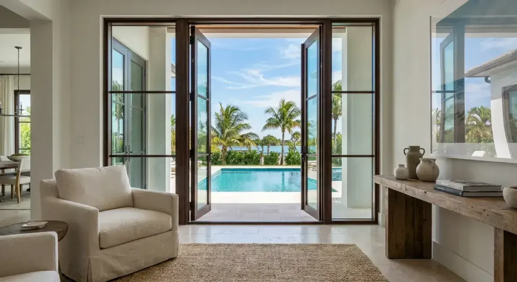 Impact French doors opening to a pool area in a South Florida home, offering hurricane protection and elegant design.