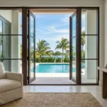 Impact French doors opening to a pool area in a South Florida home, offering hurricane protection and elegant design.