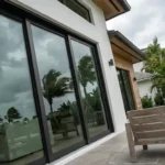 Modern impact sliding glass doors installed in a South Florida home, designed for hurricane resistance and outdoor seating areas.
