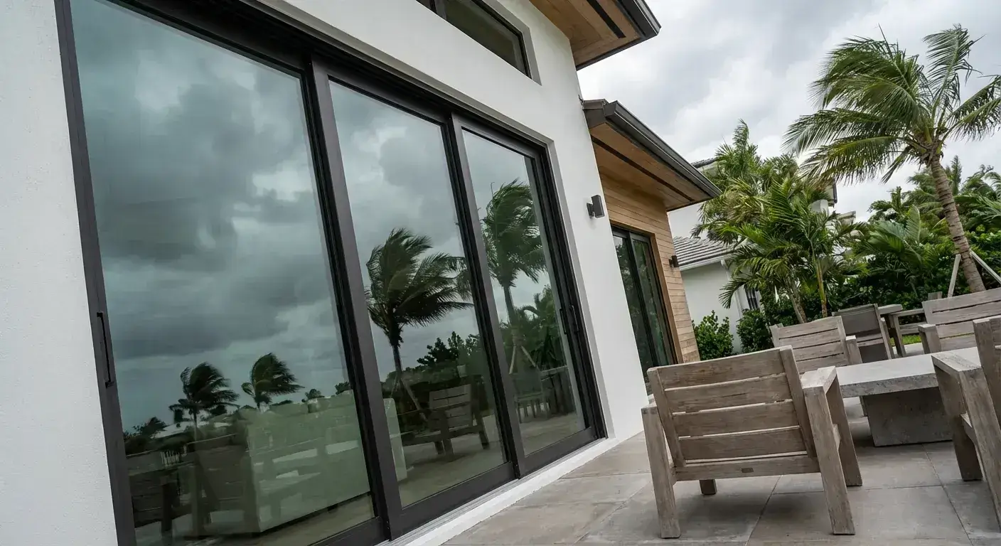 Modern impact sliding glass doors installed in a South Florida home, designed for hurricane resistance and outdoor seating areas.