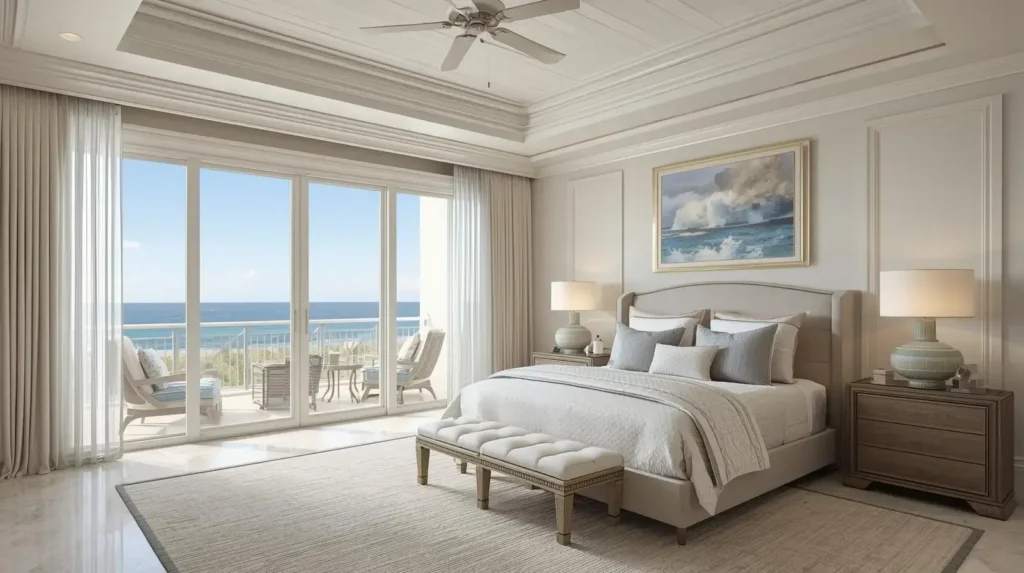 Impact windows in a luxury coastal bedroom with natural light and serene design