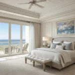 Impact windows in a luxury coastal bedroom with natural light and serene design