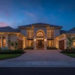Luxury home with impact windows illuminated at dusk in South Florida