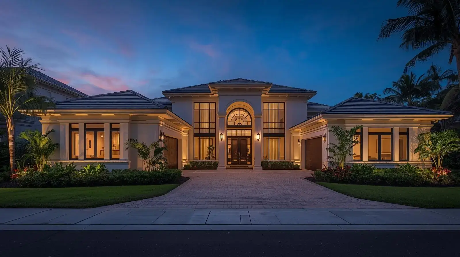 Luxury home with impact windows illuminated at dusk in South Florida
