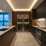 Kitchen Luxury dark kitchen with marble island, integrated appliances, and floor to ceiling windows overlooking a lake in South Florida