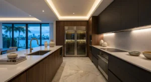 Luxury dark kitchen with marble island, integrated appliances, and floor to ceiling windows overlooking a lake in South Florida