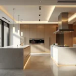 Kitchen High end kitchen design featuring custom cabinetry, integrated wine refrigerator, marble countertops, and soft architectural lighting