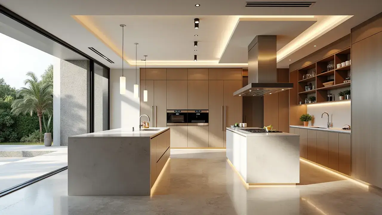 Kitchen High end kitchen design featuring custom cabinetry, integrated wine refrigerator, marble countertops, and soft architectural lighting