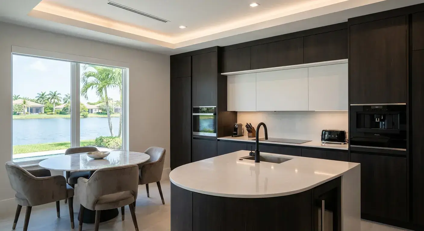 Kitchen Contemporary luxury kitchen with curved island, matte finishes, integrated lighting, and minimalist cabinetry in Florida