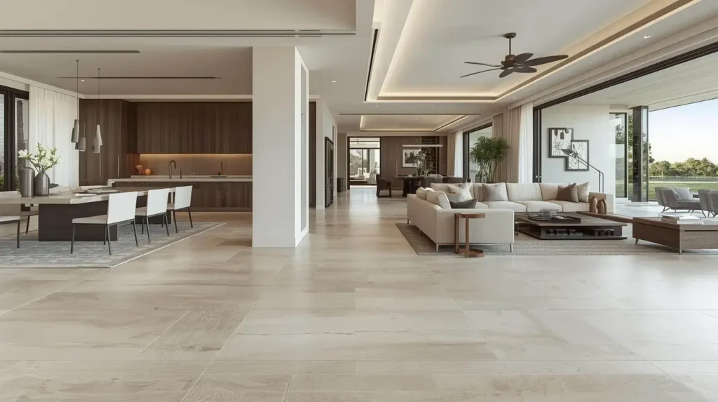Engineered hardwood flooring in a high-end kitchen with custom cabinetry and marble island