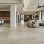 Engineered hardwood flooring in a high-end kitchen with custom cabinetry and marble island