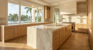 Spacious waterfront kitchen in Boca Raton featuring natural wood cabinetry, waterfall marble island, brass fixtures, and large windows overlooking the water.