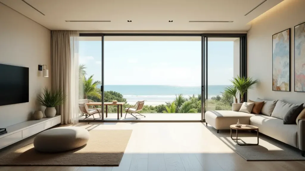 Living room with hurricane impact windows and sliding glass doors providing natural light and storm resistance.