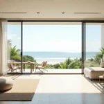 Living room with hurricane impact windows and sliding glass doors providing natural light and storm resistance.