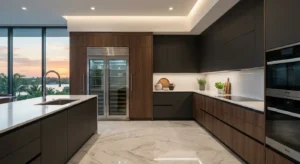 Modern Miami kitchen with dark wood and matte black cabinets, marble flooring, built-in stainless steel appliances, and a large island overlooking the sunset.