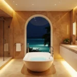 Elegant Miami bathroom featuring a freestanding soaking tub, marble-style walls, double vanity with underlighting, glass shower, and an ocean view through an arched window.
