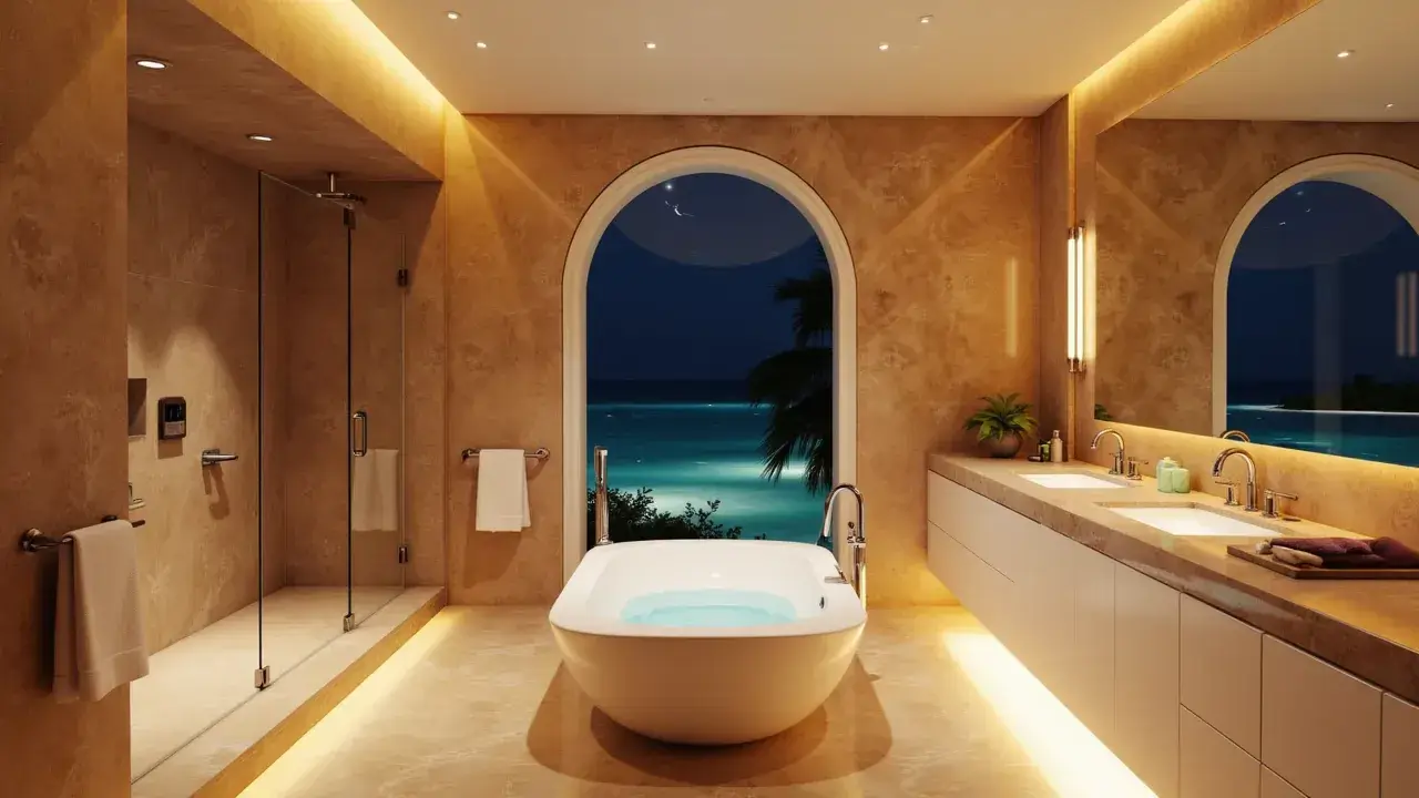 Elegant Miami bathroom featuring a freestanding soaking tub, marble-style walls, double vanity with underlighting, glass shower, and an ocean view through an arched window.