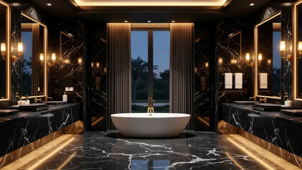 High-end bathroom featuring black marble walls and floors, freestanding tub, gold fixtures, and ambient lighting in a luxury home