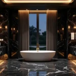 High-end bathroom featuring black marble walls and floors, freestanding tub, gold fixtures, and ambient lighting in a luxury home