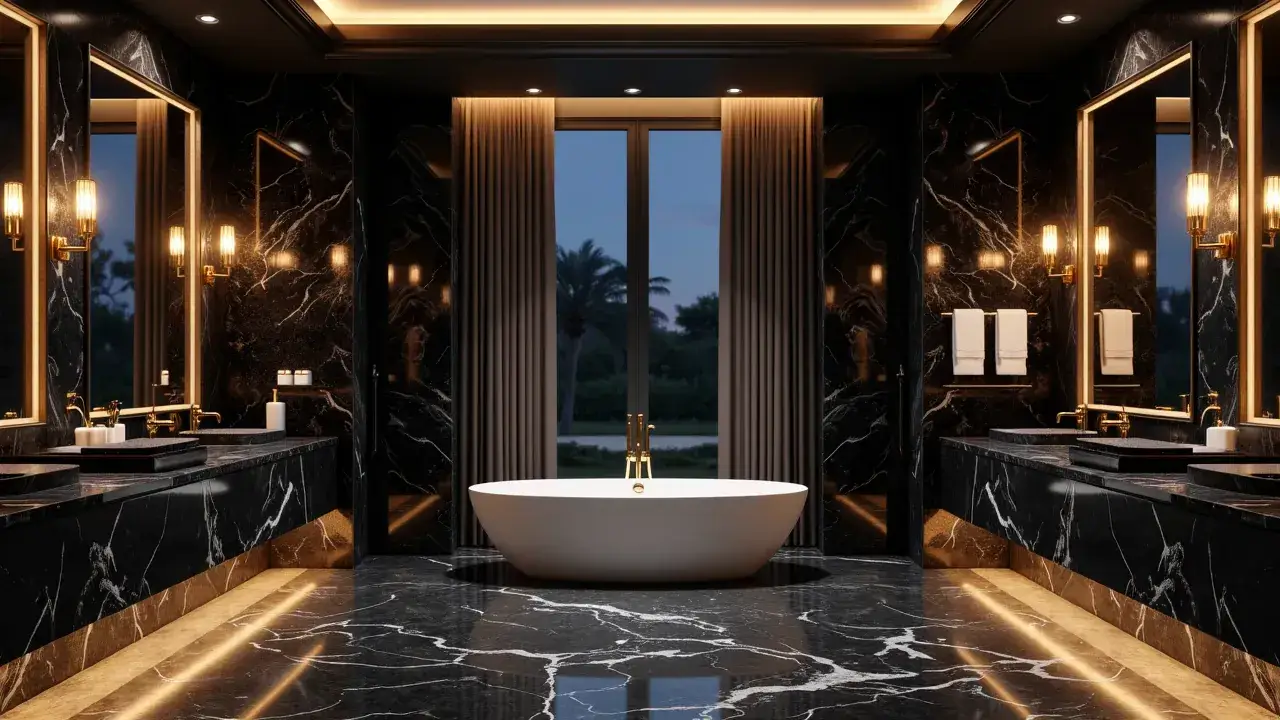 High-end bathroom featuring black marble walls and floors, freestanding tub, gold fixtures, and ambient lighting in a luxury home