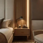 Luxury custom bedroom furniture with integrated headboard, nightstands, and soft lighting