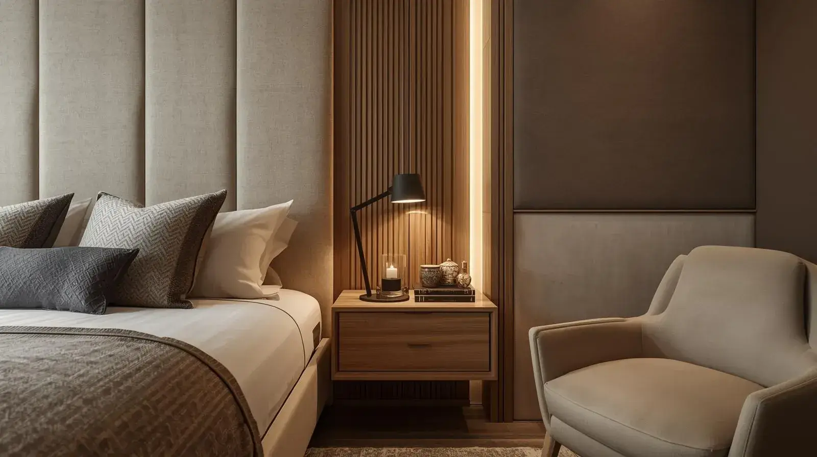 Luxury custom bedroom furniture with integrated headboard, nightstands, and soft lighting