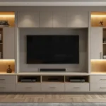 Luxury custom media wall with integrated cabinetry, wood accents, and LED lighting