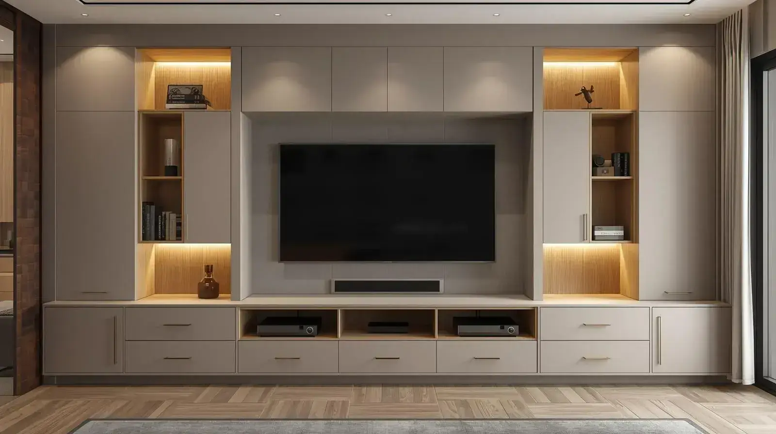 Luxury custom media wall with integrated cabinetry, wood accents, and LED lighting