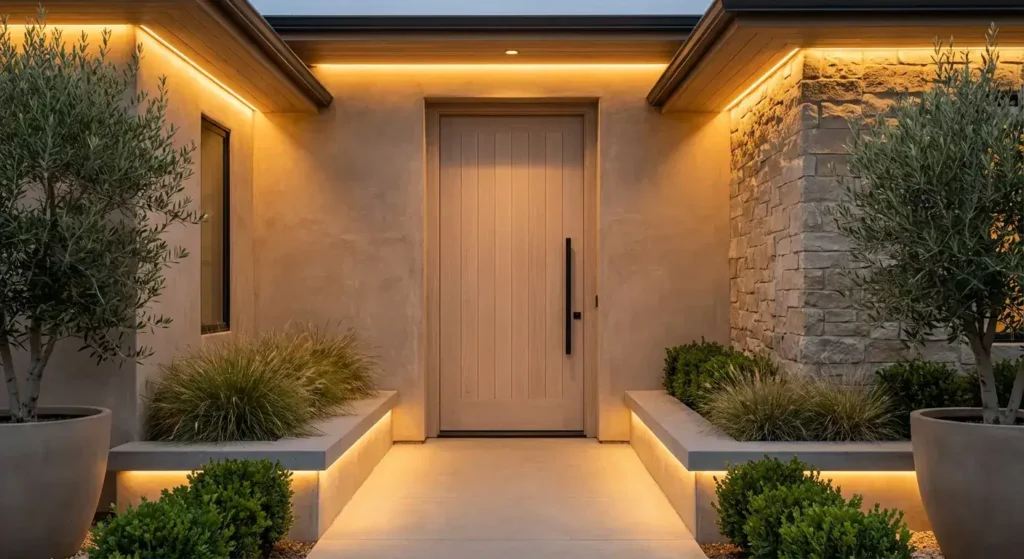 Modern luxury exterior door with architectural lighting and stylish landscaping in South Florida