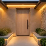 Modern luxury exterior door with architectural lighting and stylish landscaping in South Florida