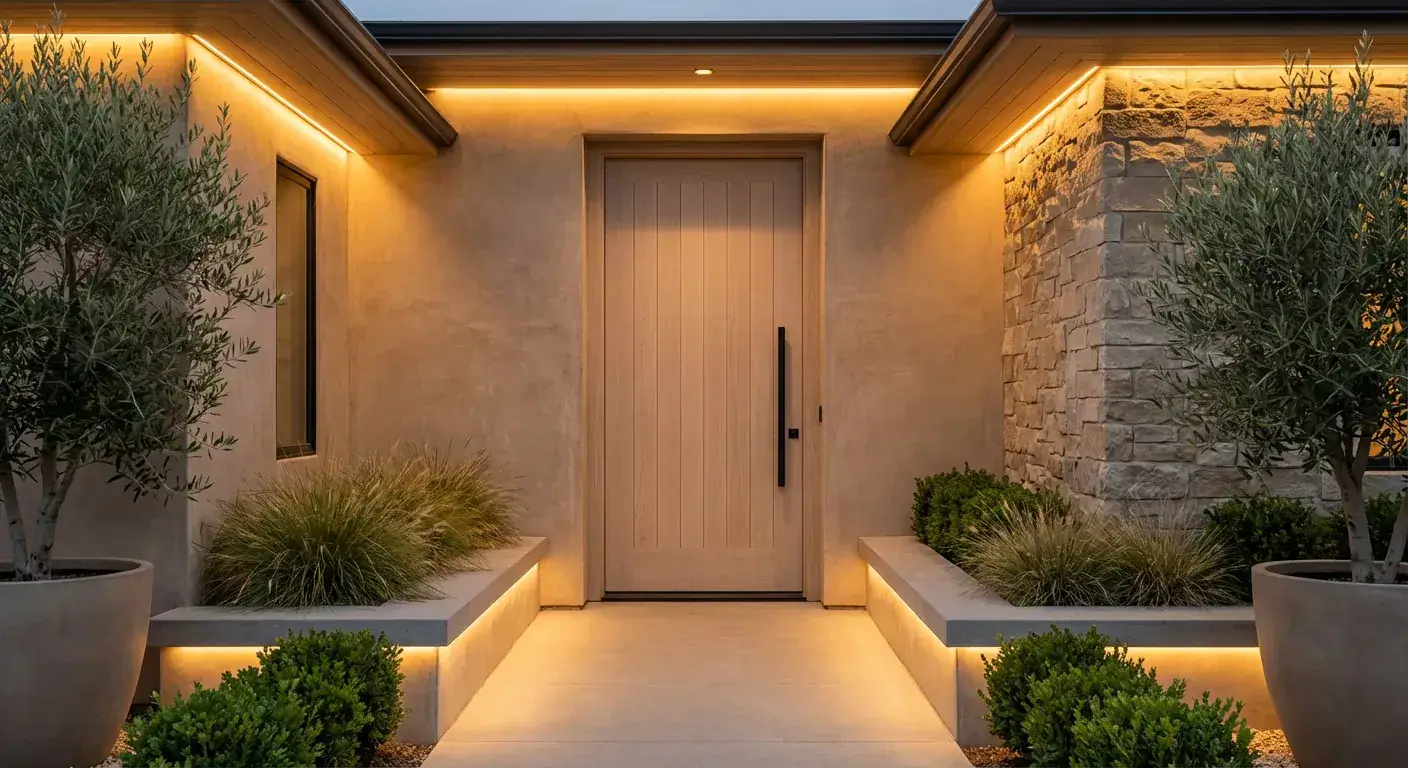 Modern luxury exterior door with architectural lighting and stylish landscaping in South Florida