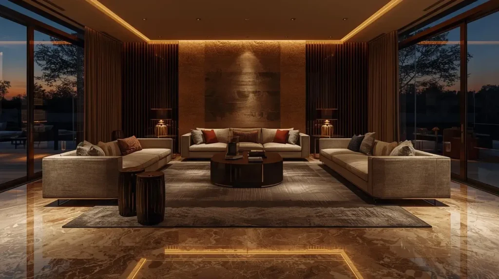 Luxury flooring illuminated by warm evening lighting in an elegant living room