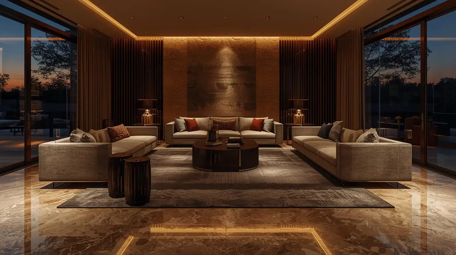 Luxury flooring illuminated by warm evening lighting in an elegant living room