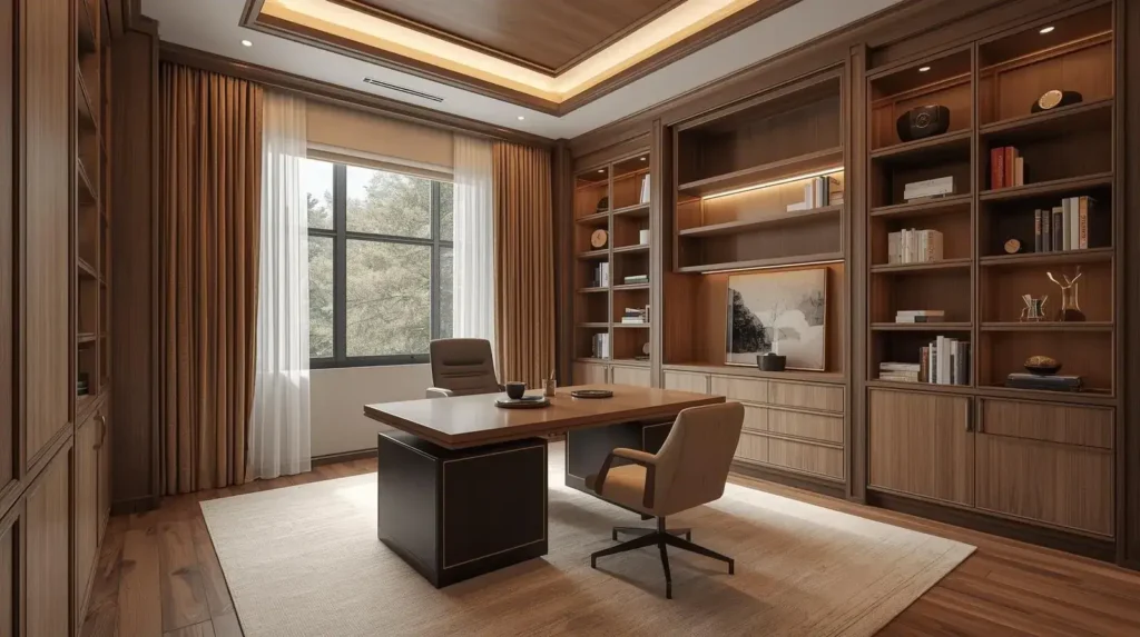 Luxury home office featuring custom desk and built-in shelving