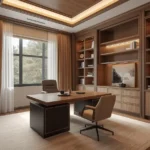 Luxury home office featuring custom desk and built-in shelving