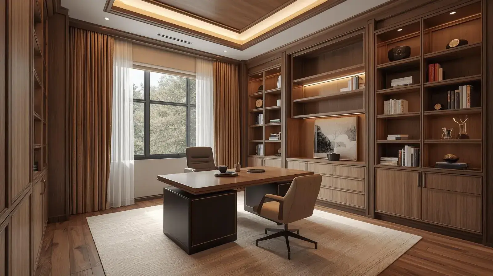 Luxury home office featuring custom desk and built-in shelving