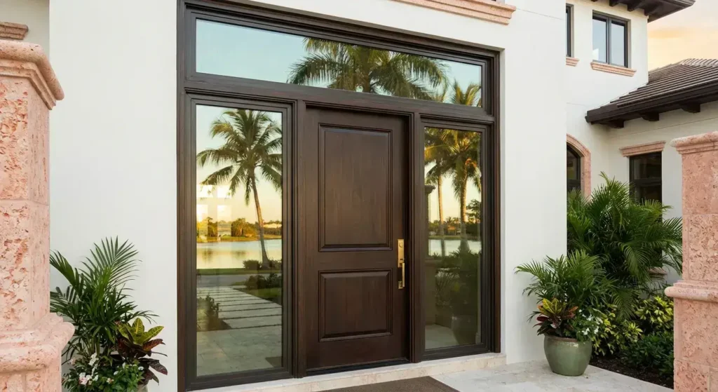 Luxury impact front door with palm tree landscaping in Palm Beach Gardens, Florida