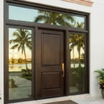Luxury impact front door with palm tree landscaping in Palm Beach Gardens, Florida