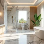 High-end marble bathroom remodel in Boca Raton featuring a freestanding oval tub, custom floating vanity, frameless glass shower, gold fixtures, and natural light, completed by Cavare Interiors.