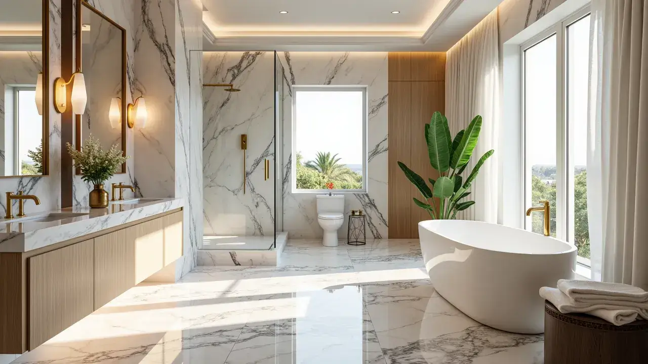 High-end marble bathroom remodel in Boca Raton featuring a freestanding oval tub, custom floating vanity, frameless glass shower, gold fixtures, and natural light, completed by Cavare Interiors.