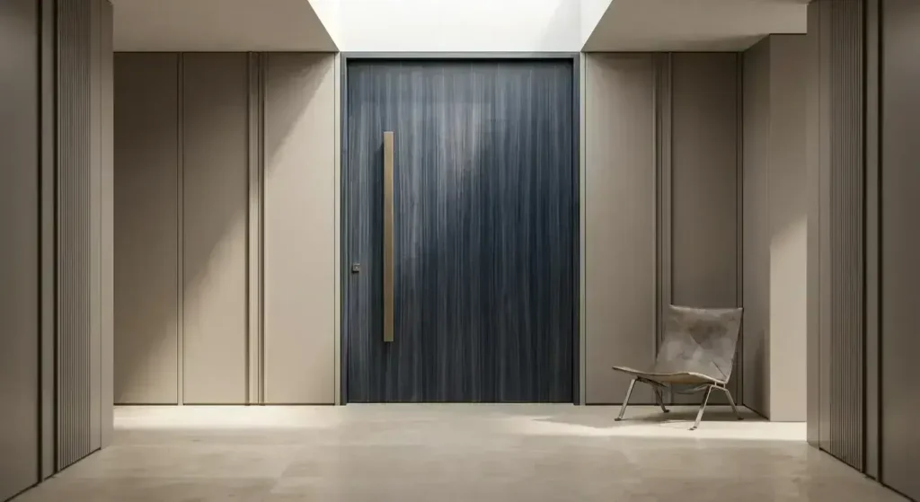 Luxury interior pivot door with dark wood finish in a high-end residence.