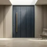 Luxury interior pivot door with dark wood finish in a high-end residence.