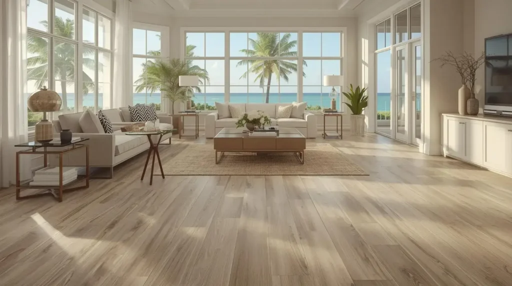 Luxury vinyl plank flooring in a coastal Florida residence with light oak tones