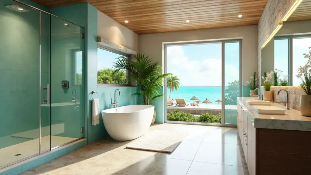 Spacious waterfront bathroom in Boca Raton featuring a freestanding tub, floating double vanity, natural stone surfaces, floor-to-ceiling windows, and serene water views that create a spa-like retreat.