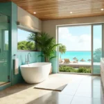 Spacious waterfront bathroom in Boca Raton featuring a freestanding tub, floating double vanity, natural stone surfaces, floor-to-ceiling windows, and serene water views that create a spa-like retreat.